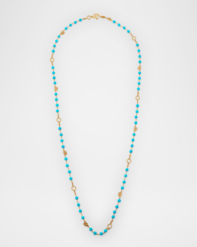 20K Yellow Gold Necklace with 5mm Turquoise Beads and Diamonds, 36.75"L